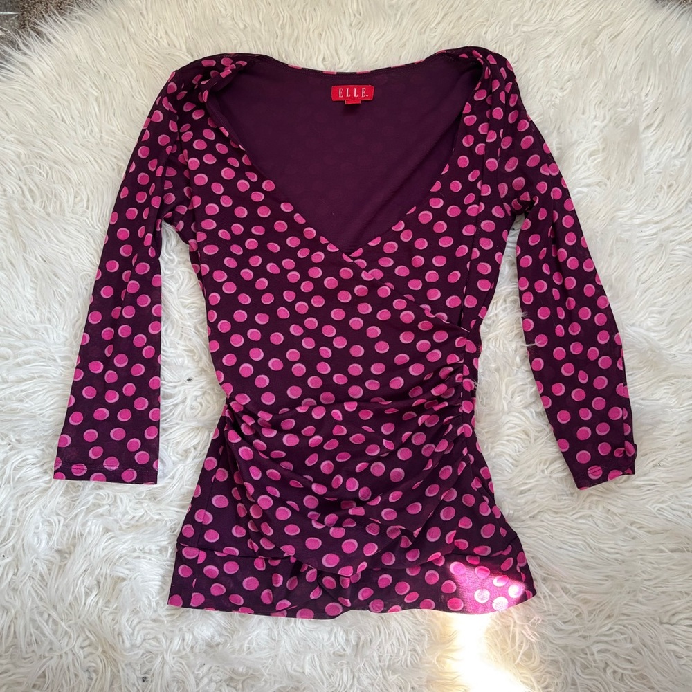 Y2K 3/4 Sleeve Polka Dot Wrap Top